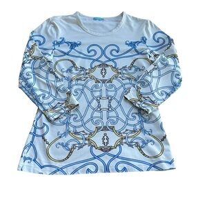J. McLaughlin Top Catalina Cloth Shirt 3/4 Sleeve White & Blue Equestrian Size M